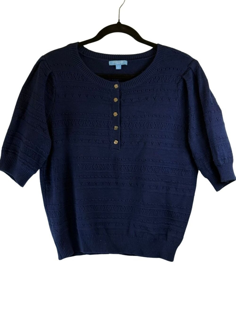 Draper James RSVP Navy Pointelle Henley Puff Sleeve Sweater Womens Large